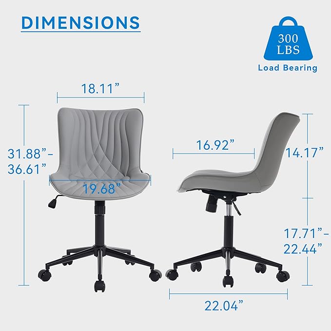 YOUNIKE Office Chair, Armless Desk Chair with Wheels, Home Office Computer Task Chairs, Modern Faux Leather Upholstered Vanity Chair, Adjustable Swivel Rolling Office Chair, Grey - LeafyLoom