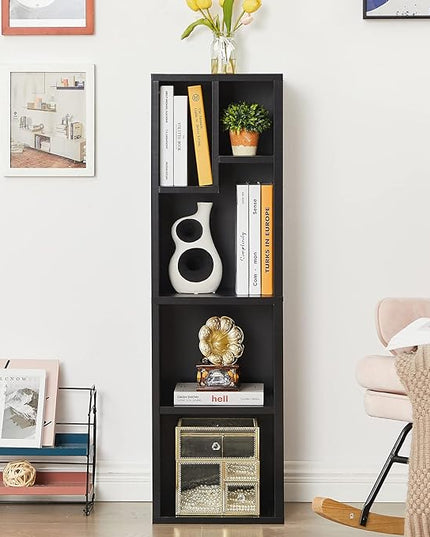 VECELO Small Bookshelf, 5 Cube Slim Bookcase, Fits Tallest Hardcovers, Horizontal Available, Modern Floor Standing Unit, Each Shelf Hold Up to 66 LBS, Matte Black - LeafyLoom