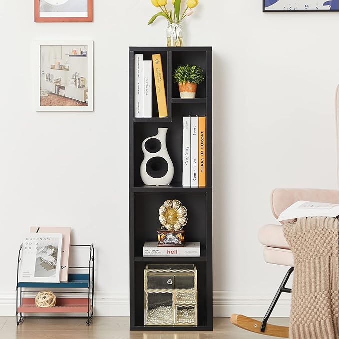 VECELO Small Bookshelf, 5 Cube Slim Bookcase, Fits Tallest Hardcovers, Horizontal Available, Modern Floor Standing Unit, Each Shelf Hold Up to 66 LBS, Matte Black - LeafyLoom