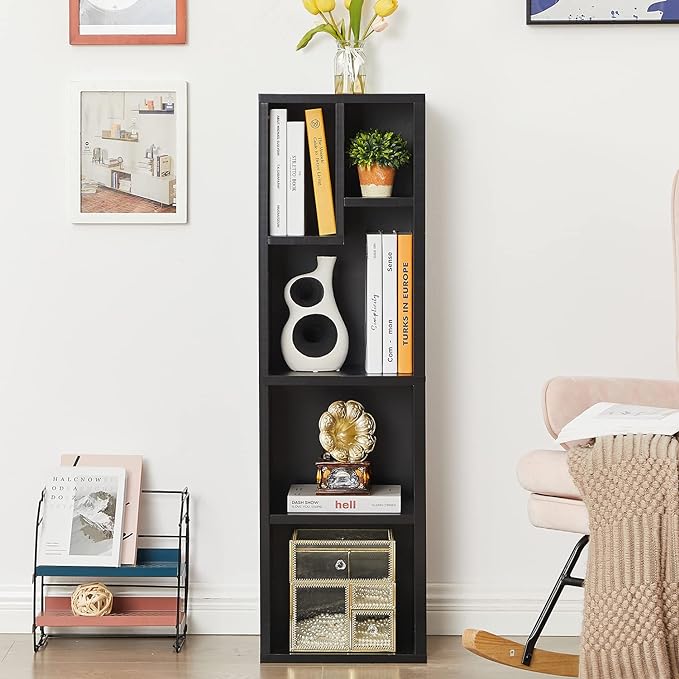 VECELO 4-Tier Slim Bookcase, Modern Storage Cabinet, Slim Bookshelf, Fits Tallest Hardcover, 5 Cubes, Vertical or Horizontal, Easy Assembly, Black - LeafyLoom