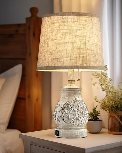 19.5'' Farmhouse Table Lamps for Bedrooms Set of 2 Vintage Bedside Lamps for Nightstand with USB Charging Ports Traditional Rusic Side Table Lamps for Living Room Wooden Carved Floral, Pull Chain - LeafyLoom