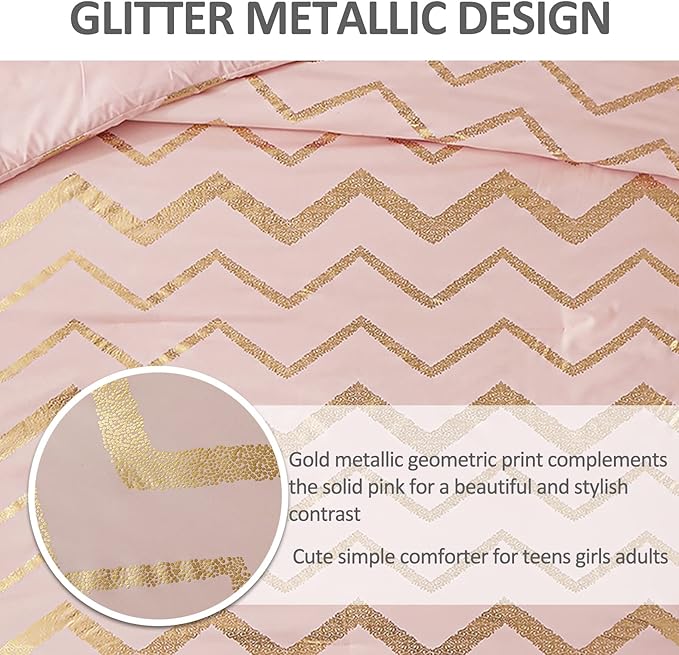 Pink Comforter Set Queen Size, Metallic Blush and Rose Gold Bedding Set, 4 Piece Lightweight Microfiber Bed Set for Teen Girls Women (2 Pillow Shams + 1 Decorative Pillow Sham) - LeafyLoom
