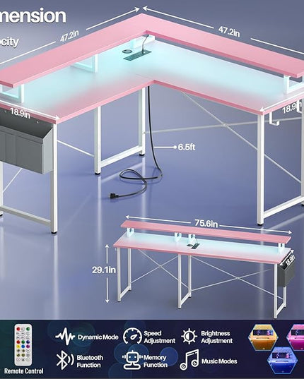 armocity L Shaped Computer Desk with Power Outlets, Gaming Desk L Shaped with LED Lights, Corner Desk with Storage Shelves, Work Study Desk for Bedroom, Home Office Small Spaces, 47'', Pink - LeafyLoom
