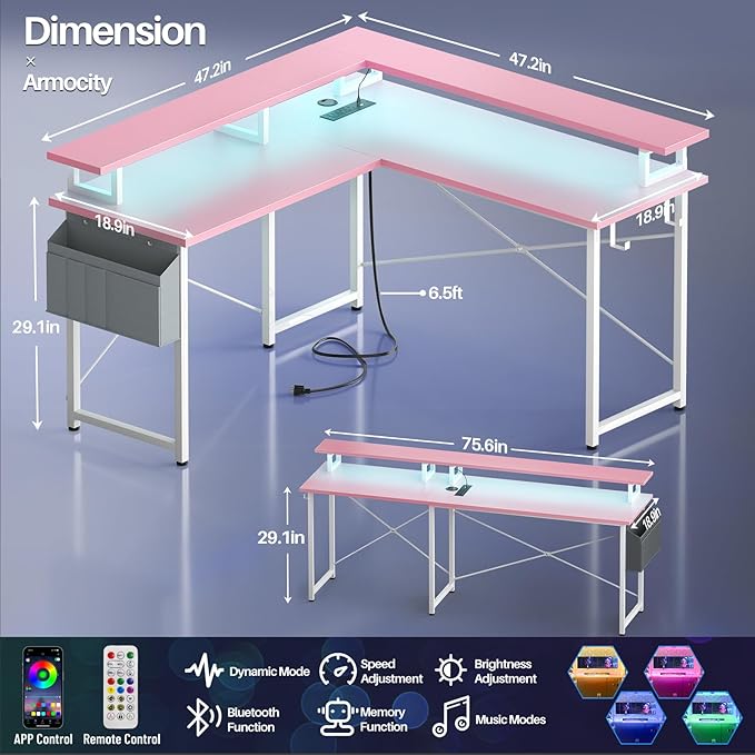 armocity L Shaped Computer Desk with Power Outlets, Gaming Desk L Shaped with LED Lights, Corner Desk with Storage Shelves, Work Study Desk for Bedroom, Home Office Small Spaces, 47'', Pink - LeafyLoom