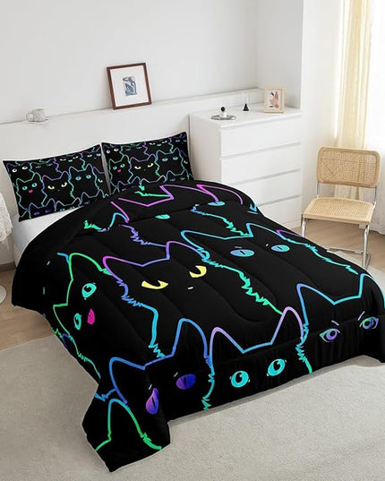 Erosebridal Teen Girl Bedding Full Size Cute Cat Kids Comforter Set Rainbow Line Cats Bedding Sets for Girls Boys Cartoon Kawaii Animal Quilt Set Reversible Black All Season,2 Pillow Cases - LeafyLoom