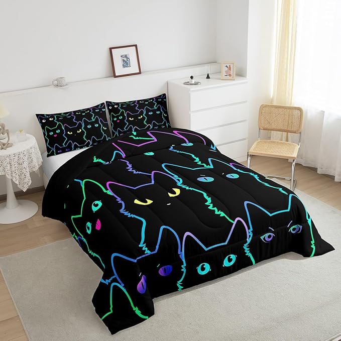 Erosebridal Teen Girl Bedding Full Size Cute Cat Kids Comforter Set Rainbow Line Cats Bedding Sets for Girls Boys Cartoon Kawaii Animal Quilt Set Reversible Black All Season,2 Pillow Cases - LeafyLoom