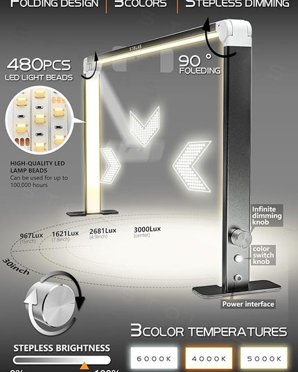 LED Desk Lamp 36W, 4000-6000K Dimmable Table Lamp, 3 Lighting Modes, Square Desk Light for Study, Model Building, Painting, crafting-Black - LeafyLoom