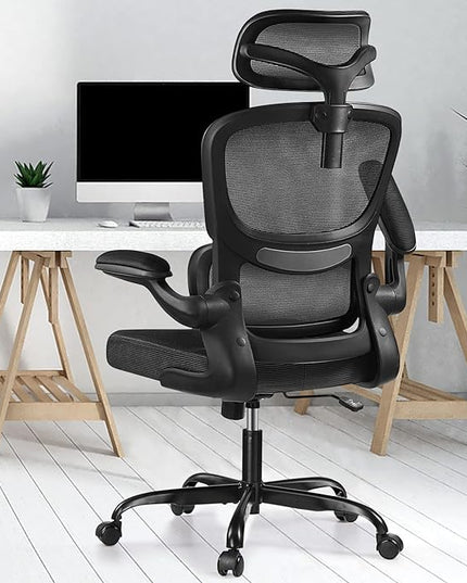 Ergonomic Office Chair, High Back Mesh Desk Chair with Lumbar Support and Adjustable Headrest, Computer Task Chair with Flip-up Armrests, Swivel Executive Chairs for Home Office (Black) - LeafyLoom