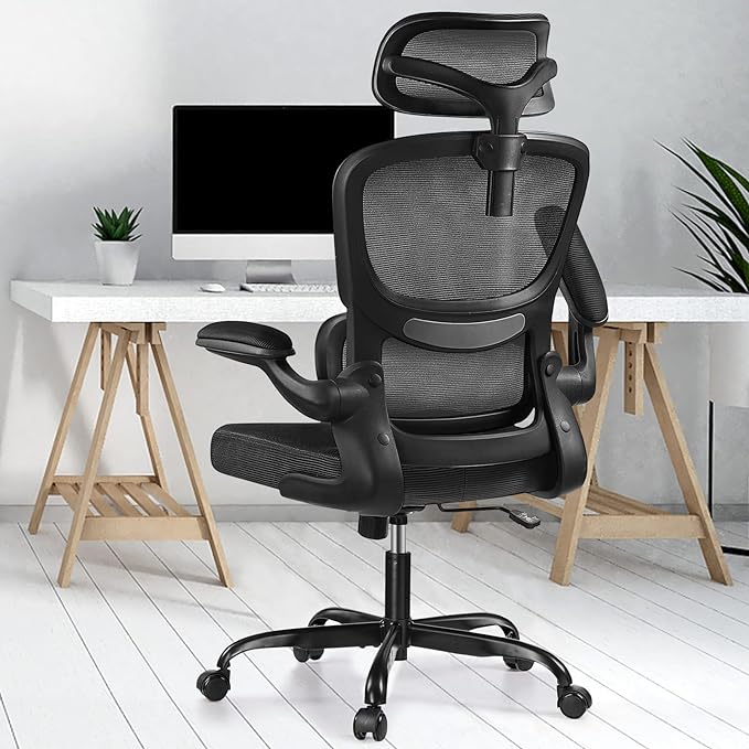 Ergonomic Office Chair, High Back Mesh Desk Chair with Lumbar Support and Adjustable Headrest, Computer Task Chair with Flip-up Armrests, Swivel Executive Chairs for Home Office (Black) - LeafyLoom