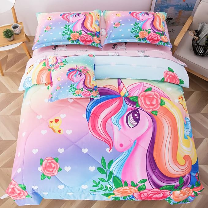 ADASMILE A & S Unicorn Comforter Set Twin with Sheets 6 Pieces Floral Pink Unicorn Bedding Set for Girls Kids Unicorn Sheets Soft Bed-in-a-Bag Comforter Reversible Bed Comforter Set for Home Decor - LeafyLoom