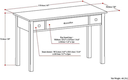 SIMPLIHOME Avalon SOLID WOOD Contemporary 47 Inch Wide Writing Office Desk in Dark Tobacco Brown, For the Office Desk, Writing Table, Workstation and Study Table - LeafyLoom