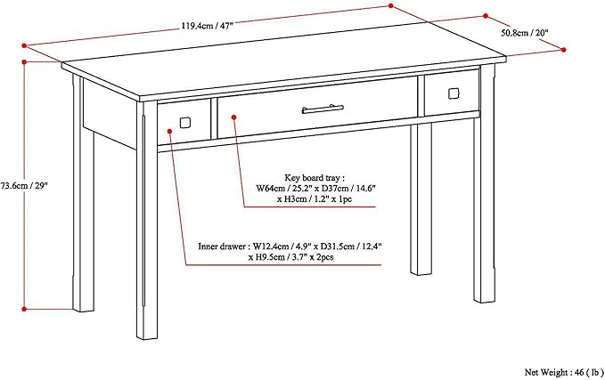 SIMPLIHOME Avalon SOLID WOOD Contemporary 47 Inch Wide Writing Office Desk in Dark Tobacco Brown, For the Office Desk, Writing Table, Workstation and Study Table - LeafyLoom