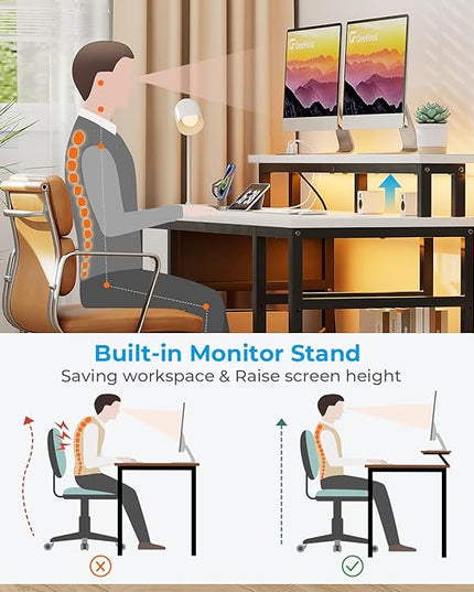 GreenForest Computer Desk with 2 Drawers and Power Outlets,50 Inch Office Desk with 2 Monitor Stands and Fabric File Cabinet, Reversible Gaming table with Led Lights and Shelves, Work Desk, White - LeafyLoom