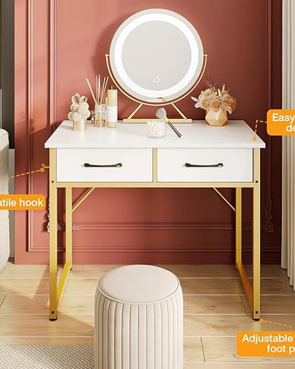 ODK Vanity Desk without Mirror, Makeup Vanity with 2 Fabirc Drawers, White Vanity Dressing Vanity Table with Versatile Hook, 32 Inch Small Vanity for Bedroom, Desk Make Up for Girls, White and Gold - LeafyLoom