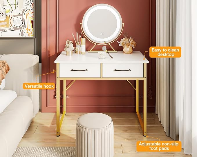 ODK Vanity Desk without Mirror, Makeup Vanity with 2 Fabirc Drawers, White Vanity Dressing Vanity Table with Versatile Hook, 32 Inch Small Vanity for Bedroom, Desk Make Up for Girls, White and Gold - LeafyLoom