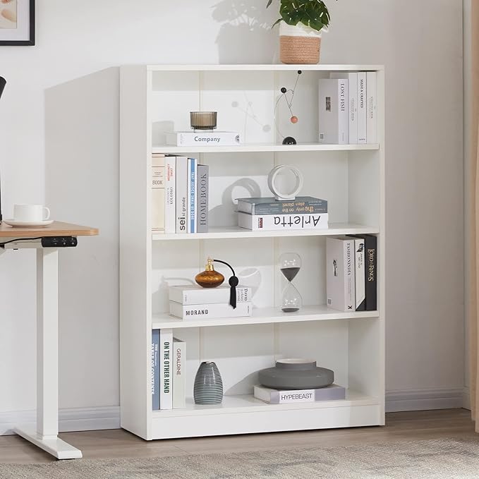 Farini White Bookshelf for Bedroom 4 Shelf Office Bookcase 48 Inches Tall Modern Wood Bookshelf for Living Room 4 Tier Wide Manga Bookshelf Library Bookcase - LeafyLoom