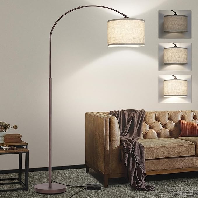 Dimmable Arc Floor Lamp, Floor Lamps for Bedroom, Farmhouse Standing Lamp with Adjustable Hanging Shade, Brown Tall Pole Lamp, Mid Century Floor Lamp for Living Room, Over Couch, 9W LED Bulb Included - LeafyLoom