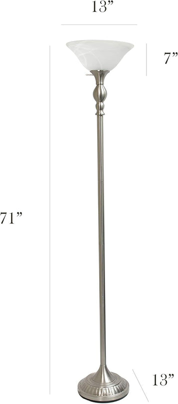 Elegant Designs LF2001-BSN 1 Light Torchiere Marbleized White Glass Shade Floor Lamp, Brushed Nickel - LeafyLoom