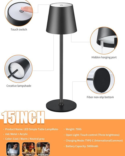 BGFHome Cordless Table Lamp LED Desk Lamp,5000mAh Rechargeable Touch Night Light Lamp,Wireless Minimalist Design for Restaurant/Bedroom/Bars/Outdoor Party/Camping/Coffee Shop(Black) - LeafyLoom