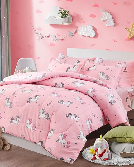 UOZZI BEDDING Bed in a Bag 7 Pieces King Size Unicorn Pink with Rainbow Star - Soft Microfiber, Reversible Bed Comforter Set (1 Comforter, 2 Pillow Shams, 1 Flat Sheet, 1 Fitted Sheet, 2 Pillowcases) - LeafyLoom