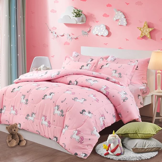 UOZZI BEDDING Bed in a Bag 7 Pieces King Size Unicorn Pink with Rainbow Star - Soft Microfiber, Reversible Bed Comforter Set (1 Comforter, 2 Pillow Shams, 1 Flat Sheet, 1 Fitted Sheet, 2 Pillowcases) - LeafyLoom
