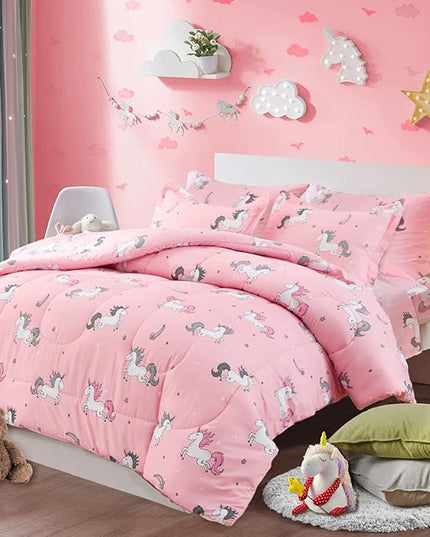 UOZZI BEDDING Bed in a Bag 6 Pieces Twin Size Unicorn Pink with Rainbow Star - Soft Microfiber, Reversible Bed Comforter Set (1 Comforter, 2 Pillow Shams, 1 Flat Sheet, 1 Fitted Sheet, 1 Pillowcases) - LeafyLoom