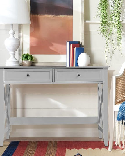 Computer Desk with 2 Drawers, Elegant Home Office Writing Study Desk with Storage, Modern Simple Vanity Desk Console Table for Living Room, Grey - LeafyLoom