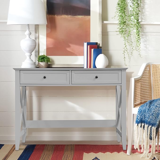 Computer Desk with 2 Drawers, Elegant Home Office Writing Study Desk with Storage, Modern Simple Vanity Desk Console Table for Living Room, Grey - LeafyLoom