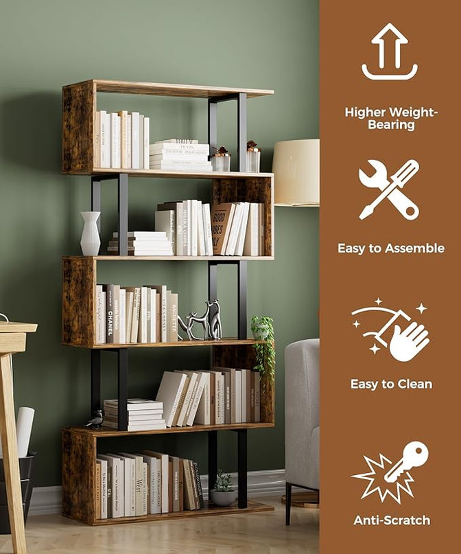 Gadroad 5-Tier Geometric Bookcase,S Shaped Bookshelf, Wood Decorative Storage Shelving, Modern Freestanding Display Shelves, Tall Book Shelf Unit for Living Room Bedroom, Rustic Brown - LeafyLoom
