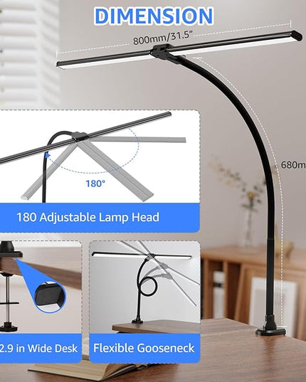 ShineTech LED Desk Lamp for Home Office, 5000K Bright Double Head Architect Task Lamps with Clamp, Dimmable Adjustable Flexible Gooseneck, Black - LeafyLoom