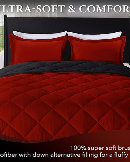 downluxe King Size Comforter Set - Red and Black King Comforter, Soft Bedding Sets for All Seasons - 3 Pieces - 1 Comforter (104"x92") and 2 Pillow Shams(20"x36") - LeafyLoom