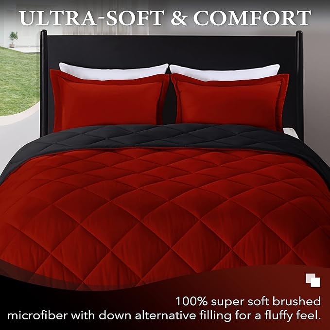 downluxe King Size Comforter Set - Red and Black King Comforter, Soft Bedding Sets for All Seasons - 3 Pieces - 1 Comforter (104"x92") and 2 Pillow Shams(20"x36") - LeafyLoom