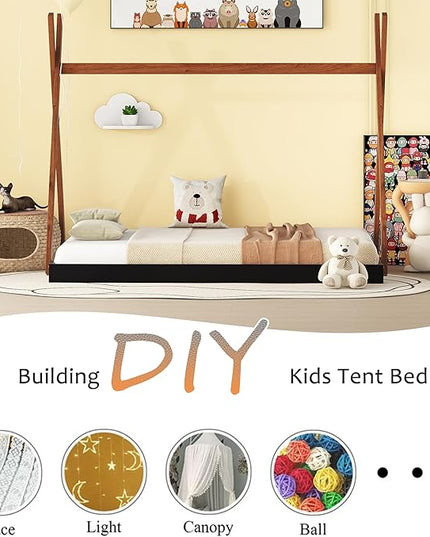 Bellemave Twin Size Tent Floor Bed Frame with Triangle Structure, Teepee Bed Platform Bed for Kids,Montessori Floor Bed for Girls Boys(Twin,Black+Brown) - LeafyLoom