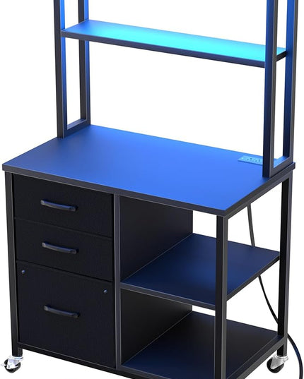 File Cabinet with Drawers and Shelves,Mobile Printer Stand with Storage,Black Filing Cabinet with Wheels for Home Office - LeafyLoom