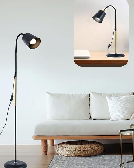 AoMck Floor Lamp, Industrial Metal Floor Standing Lamps Bendable Floor Lamp with Adjustable Gooseneck 2 in 1 Floor Reading Table Lamps for Living Room Bedroom Office(Black) - LeafyLoom