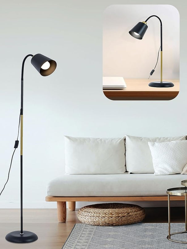 AoMck Floor Lamp, Industrial Metal Floor Standing Lamps Bendable Floor Lamp with Adjustable Gooseneck 2 in 1 Floor Reading Table Lamps for Living Room Bedroom Office(Black) - LeafyLoom