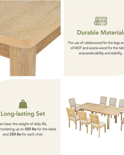 NicBex Dining Table Kitchen & Dining Room Tables Rustic Extendable 84Inch Dining Table Set with 24Inch Removable Leaf, 6 Upholstered Armless Dining Chairs and 2 Padded Chairs, Natural+Grey - LeafyLoom
