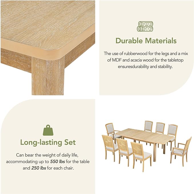 NicBex Dining Table Kitchen & Dining Room Tables Rustic Extendable 84Inch Dining Table Set with 24Inch Removable Leaf, 6 Upholstered Armless Dining Chairs and 2 Padded Chairs, Natural+Grey - LeafyLoom