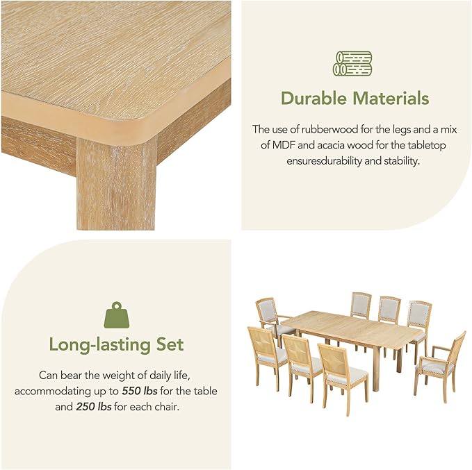 Rustic 9-Piece Wood Dining Set for 8 People, 84" Extendable Rectangular Kitchen Table with Removable Leaf and 8 Upholstered Chairs, Natural, 1 - LeafyLoom