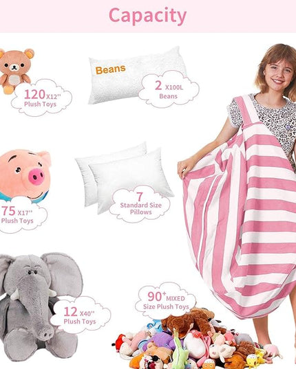 Aubliss Stuffed Animal Storage Bean Bag Chair Cover Only for Plush Toys, Blankets, X-Large 48"-Canvas Stripes Pink/White - LeafyLoom
