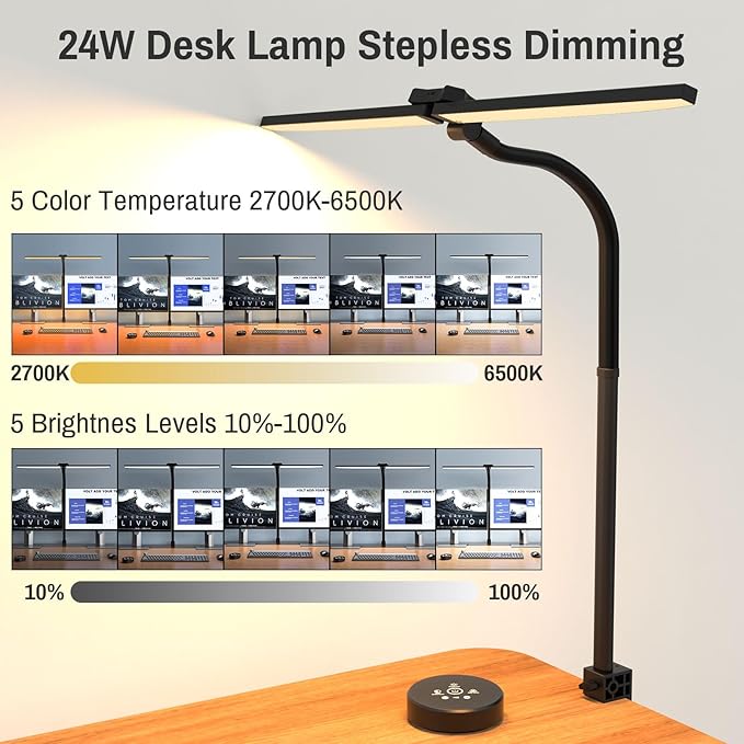ERAY LED Desk Lamp for Home Office, Double Head RGB Desk Lamp with Remote, Bright Adjustable Gooseneck Desk Light, 24W & 5 Color Modes, Eye Protection Table Lamps for Game Reading Study(Black) - LeafyLoom