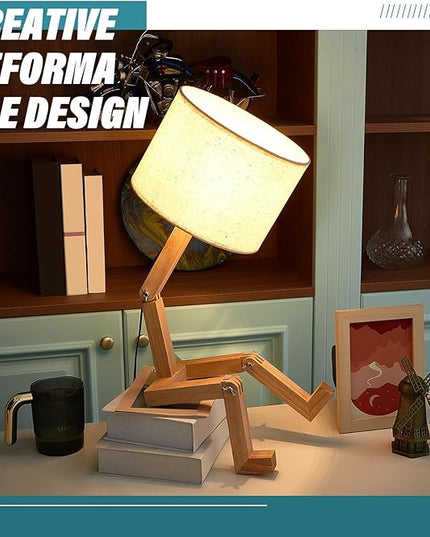 Robot Cute Desk Lamp Novelty Wooden Creative Table Lamp with Wood Base Adjustable Shape Bedside Fun Funky Lamp Reading Wood Lamp DIY Fun Robot Lamp for Bedroom, Office, Study Desk, Kids Room - LeafyLoom