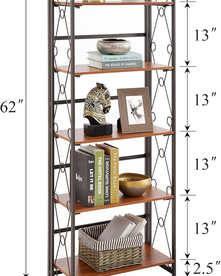VECELO Folding Bookshelf,5 Tier Bookcase Foldable Easy Assembly, Industrial Book Shelf Storage Organizer with X Metal Frame and Anti-Toppling Design, - LeafyLoom