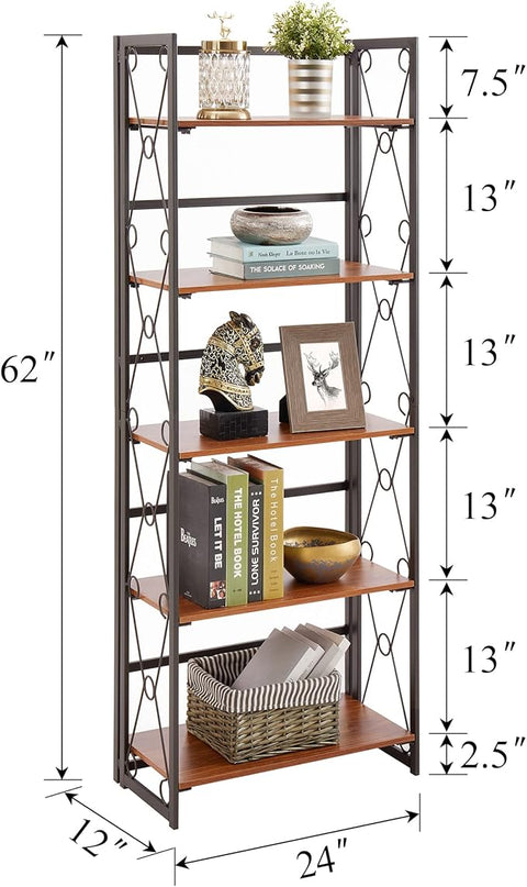 VECELO Folding Bookshelf,5 Tier Bookcase Foldable Easy Assembly, Industrial Book Shelf Storage Organizer with X Metal Frame and Anti-Toppling Design, - LeafyLoom