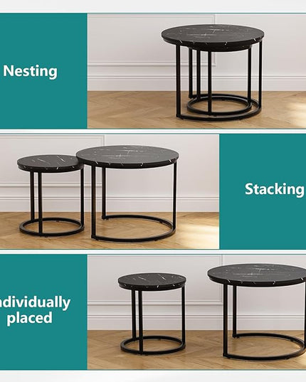 Black Nesting Coffee Table Set of 2, 23.6" Round Coffee Table Wood Grain Top with Adjustable Non-Slip Feet, Industrial End Table Side Tables for Living Room Bedroom Balcony Yard - LeafyLoom