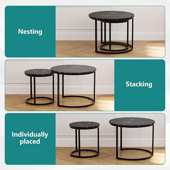 Black Nesting Coffee Table Set of 2, 23.6" Round Coffee Table Wood Grain Top with Adjustable Non-Slip Feet, Industrial End Table Side Tables for Living Room Bedroom Balcony Yard - LeafyLoom