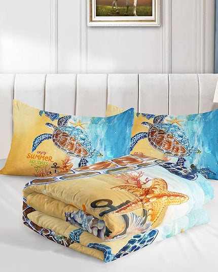 Datura home Beach Turtle Comforter Set Beach and Sea Turtle Printed Quilt Bedding Set with 1 Comforter and 2 Pillowcases for Boys and Girls Bedroom All Season(Beach Turtle Full) - LeafyLoom