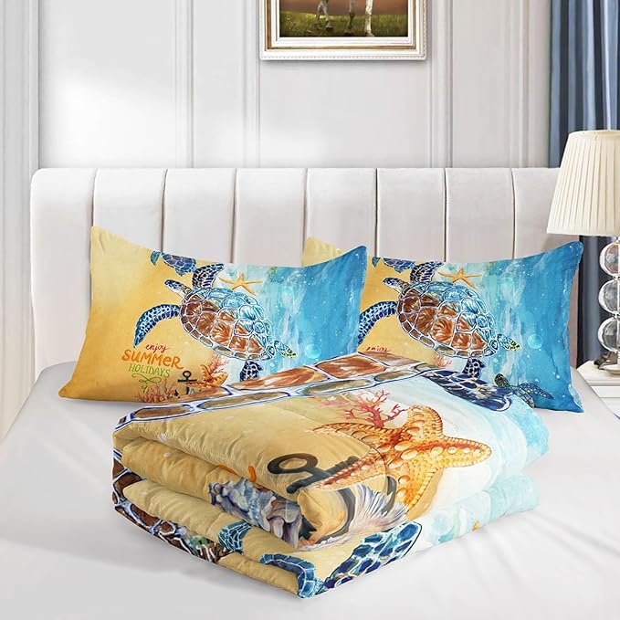 Datura home Beach Turtle Comforter Set Beach and Sea Turtle Printed Quilt Bedding Set with 1 Comforter and 2 Pillowcases for Boys and Girls Bedroom All Season(Beach Turtle Full) - LeafyLoom