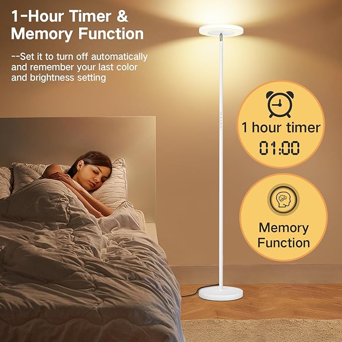 OUTON LED Torchiere Floor Lamp, Super Bright Dimmable Tall Standing Lamp with Remote Touch Control, 4 Color Temperatures, 1-Hour Timer for Living Room, Bedroom, Office (Matte White) - LeafyLoom
