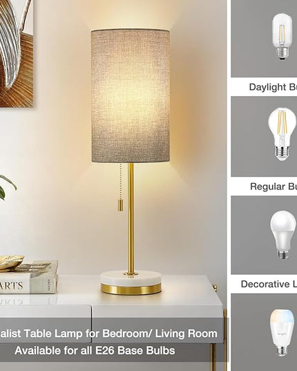Luvkczc Minimalist Table Lamp Set of 2, Nightstand Lamp for Bedroom Living Room, Modern Pull Chain Bedside Lamp with Marble Base, Fabric Shade, Small Desk Lamp for Home, Office, Reading,Grey - LeafyLoom